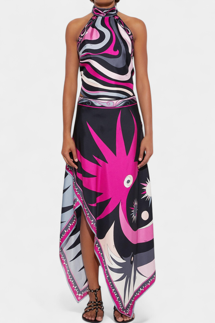 Ciana Conjunto Satén Falda Abstracta y Top Halter Rosa
