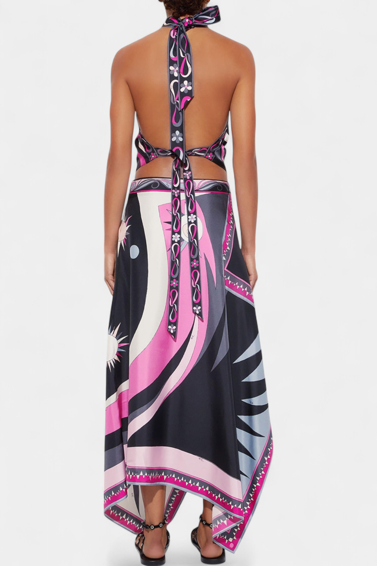 Ciana Conjunto Satén Falda Abstracta y Top Halter Rosa