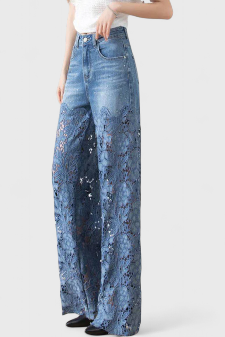 Jasiel Pantalón Palazzo Denim Con Encaje Bordado Floral