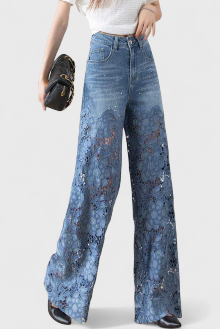 Jasiel Pantalón Palazzo Denim Con Encaje Bordado Floral