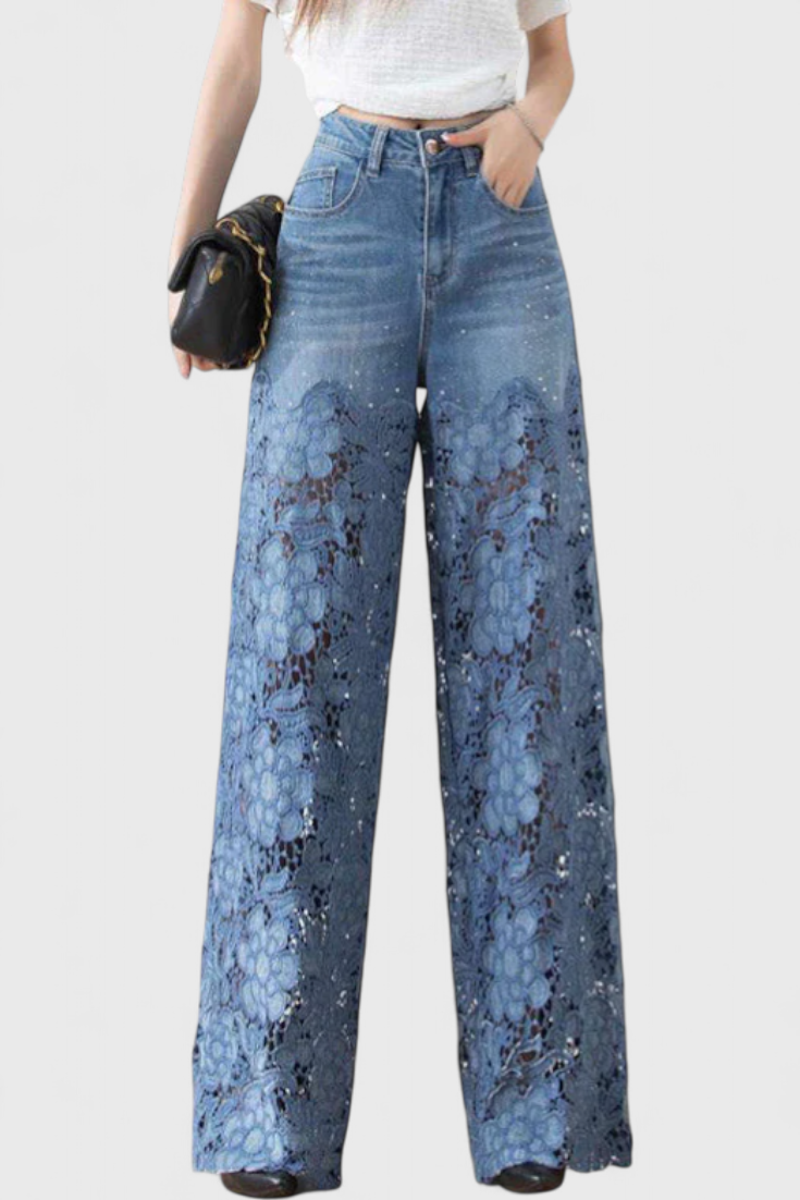 Jasiel Pantalón Palazzo Denim Con Encaje Bordado Floral