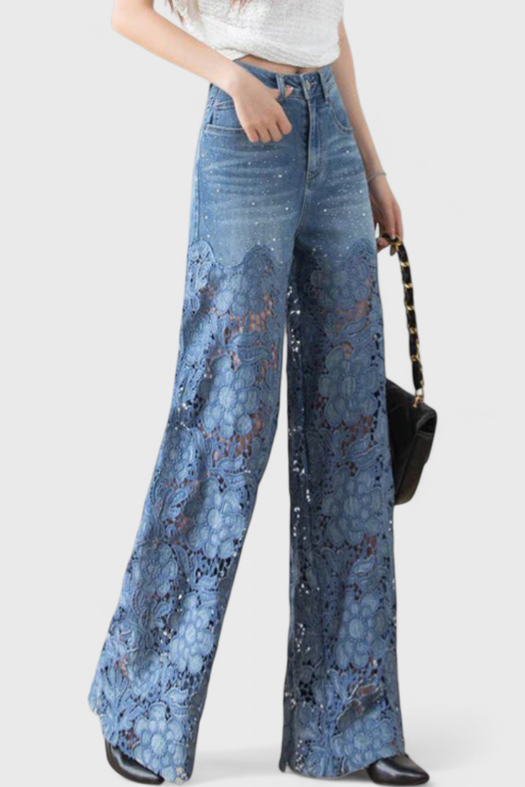Jasiel Pantalón Palazzo Denim Con Encaje Bordado Floral