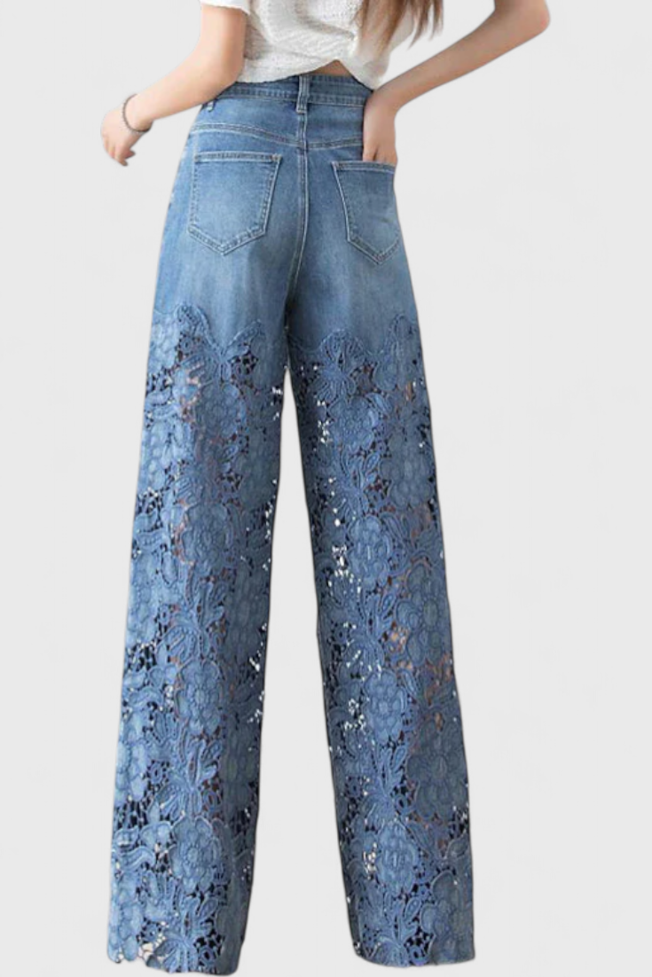 Jasiel Pantalón Palazzo Denim Con Encaje Bordado Floral
