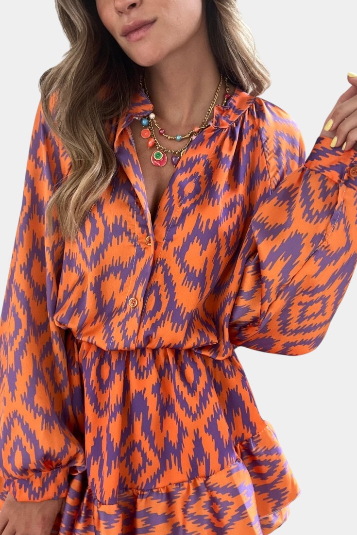 Yasmine Mono Mini Con Volantes Estampado Ikat Morado