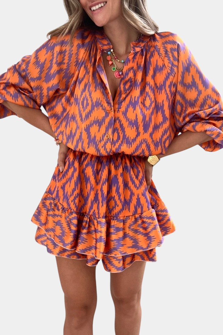 Yasmine Mono Mini Con Volantes Estampado Ikat Morado