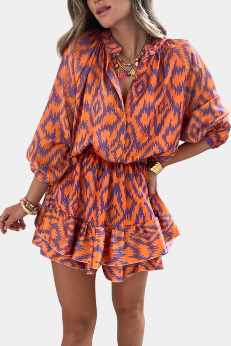 Yasmine Mono Mini Con Volantes Estampado Ikat Morado