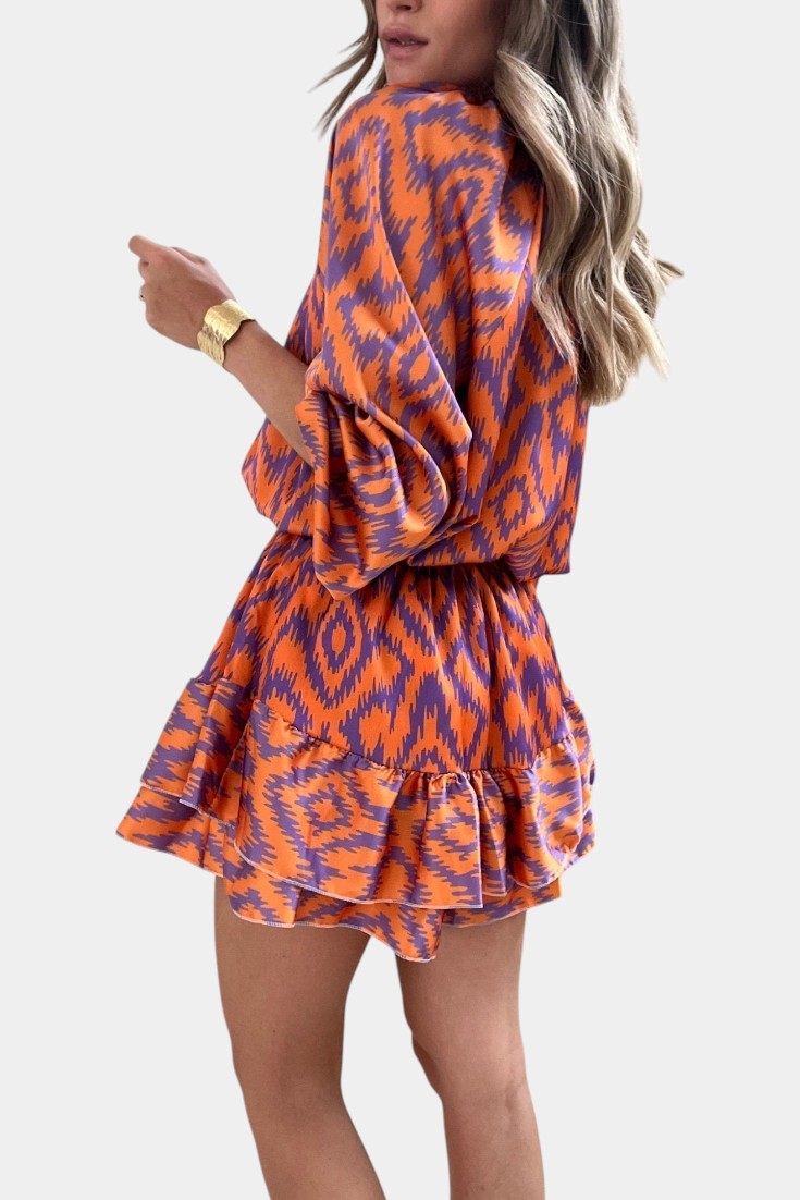 Yasmine Mono Mini Con Volantes Estampado Ikat Morado