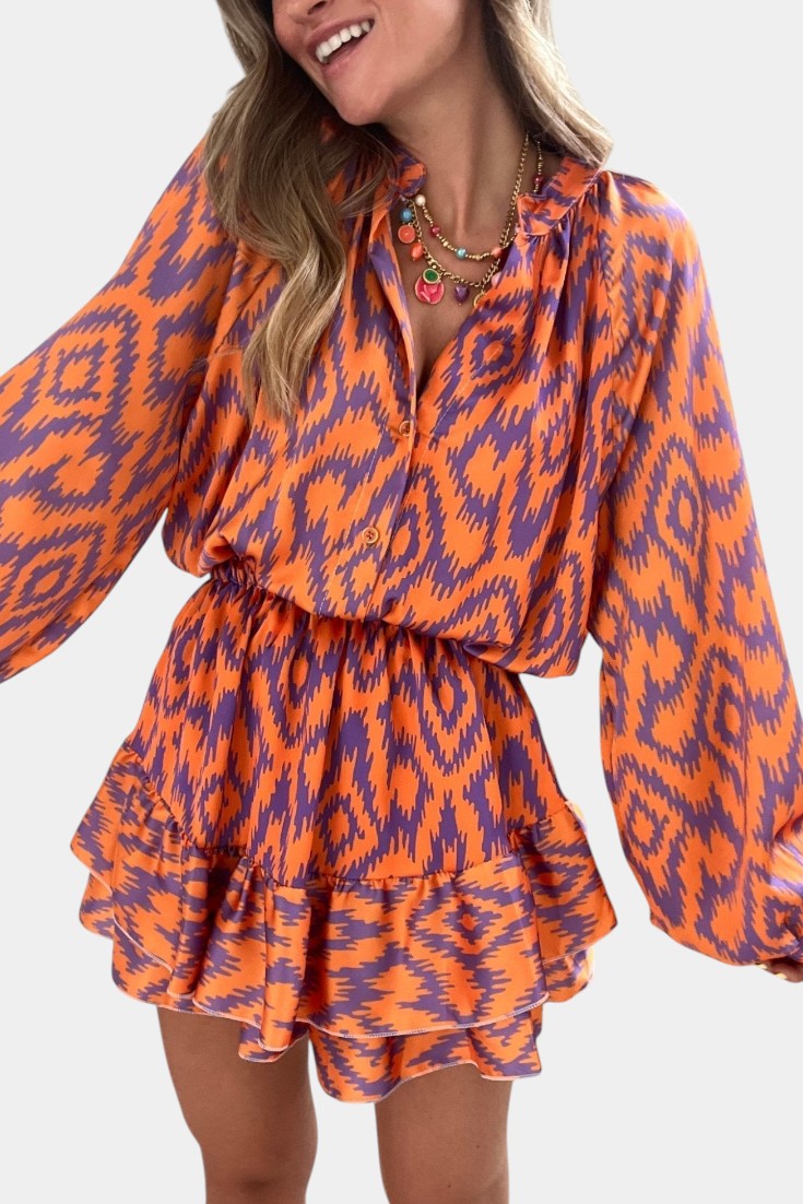 Yasmine Mono Mini Con Volantes Estampado Ikat Morado